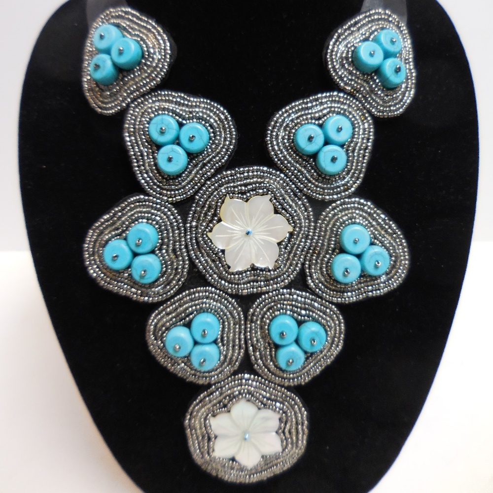 Beaded Shell Bib Necklace w Adjustable Ribbon